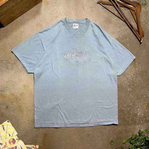 Vintage 90s Single Stitch Coca Cola Embroidered Tee Mens 2XL Blue Coke Shirt - Picture 1 of 4